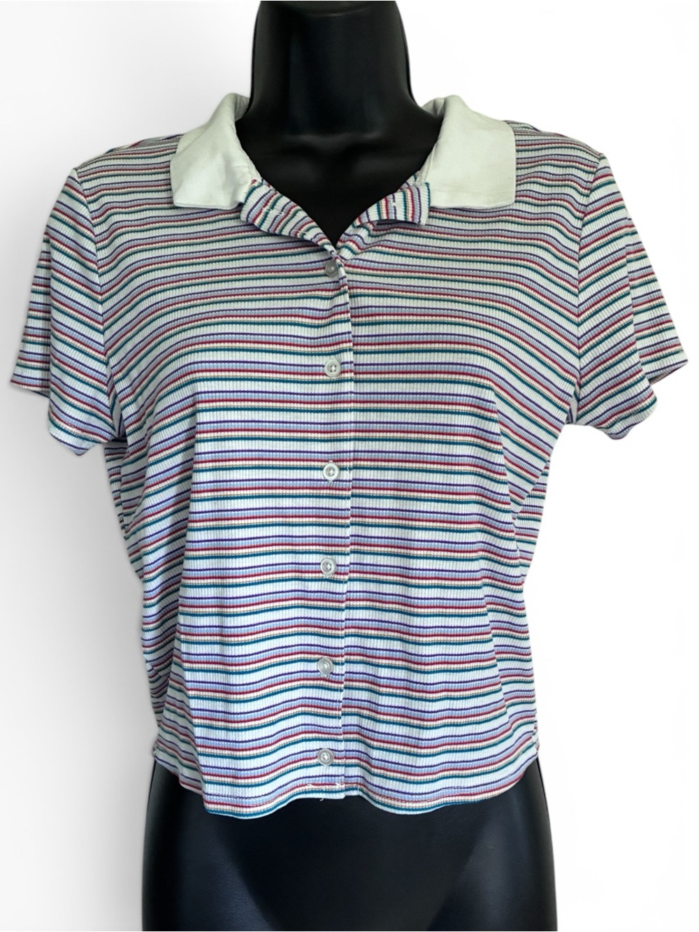 90s Y2K 2000s Inspired Striped Short Sleeve Cropped Button Front Polo Sz L